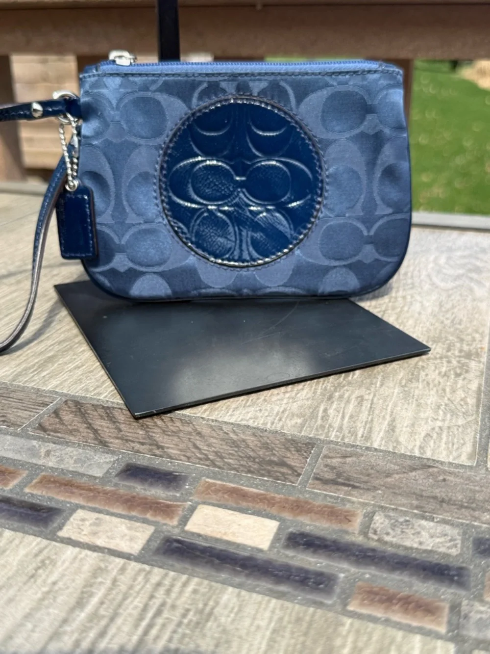 Coach Navy Sateen Logo and Patent Leather Small Wristlet EUC